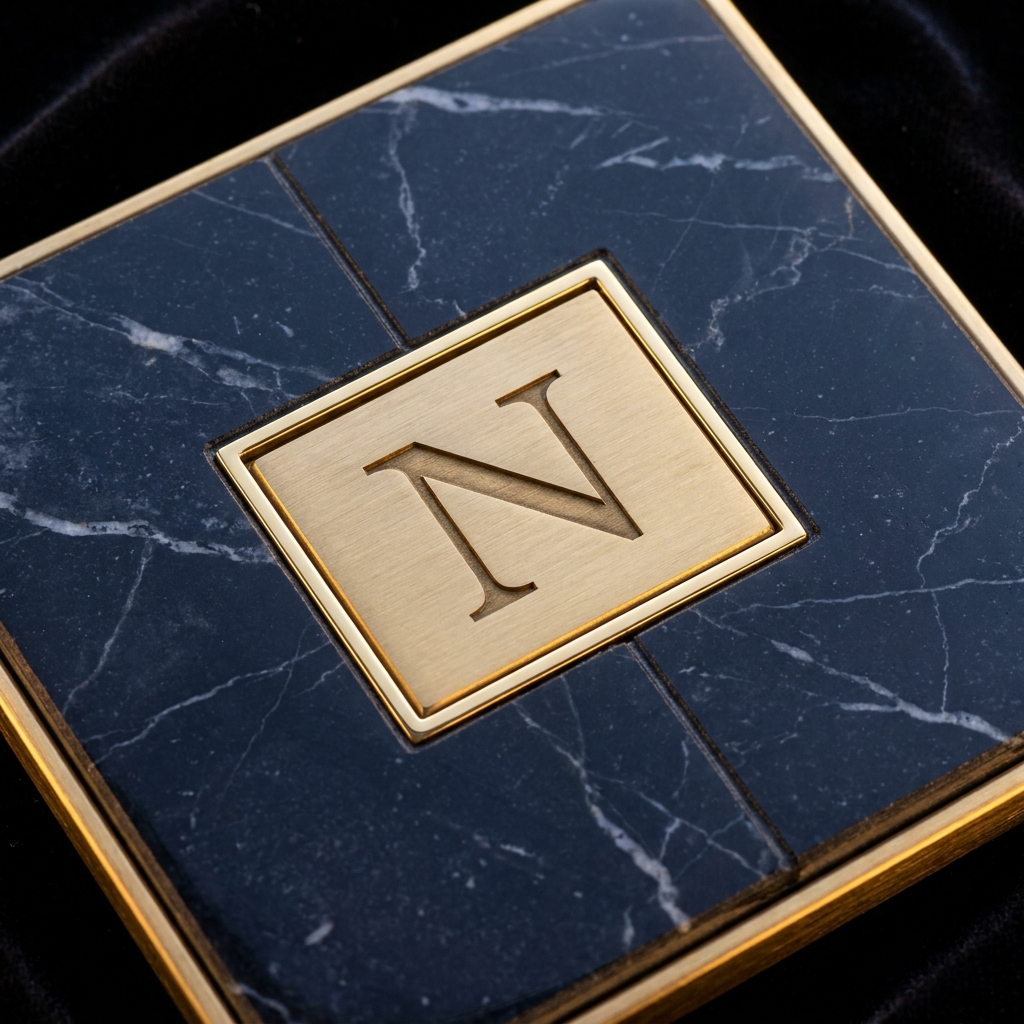 New Tile Design signature — the N set in marble and brass